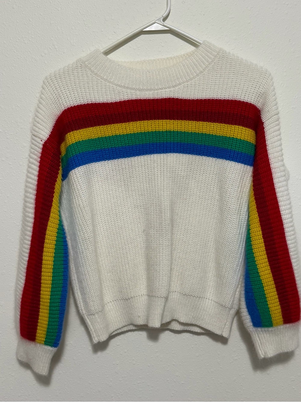 White Crewneck Sweater with Multicolor Stripe Accents